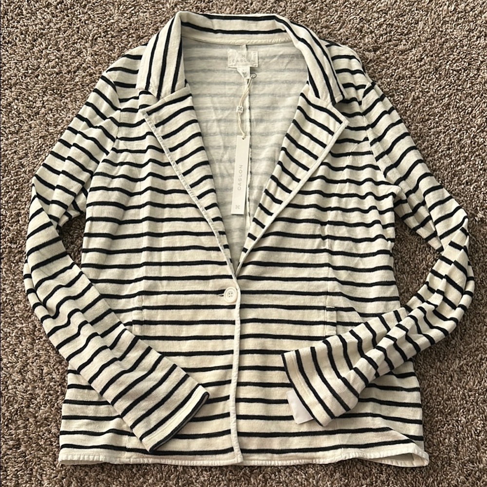 Caslon Navy and Ivory Striped Cardigan Cotton Suit Jacket
